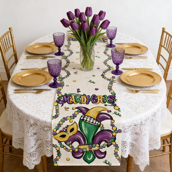 Horivan Mardi Gras Table Runner Decorations, Fleur de Lis Mask Beads Design, Purple Yellow Green Polyester Washable, Indoor Party Kitchen Dining Table Cover, Festive Holiday Home Decor