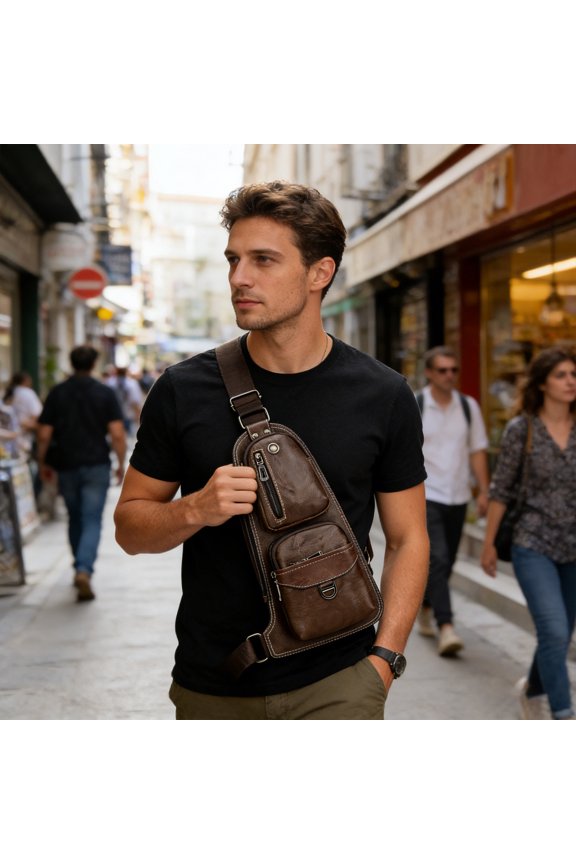 Men's Faux Leather Sling Bag, Water-Resistant Crossbody Chest Pack with Multiple Pockets for Travel, Work, Commuting, Everyday Carry, Durable Casual Shoulder Bag