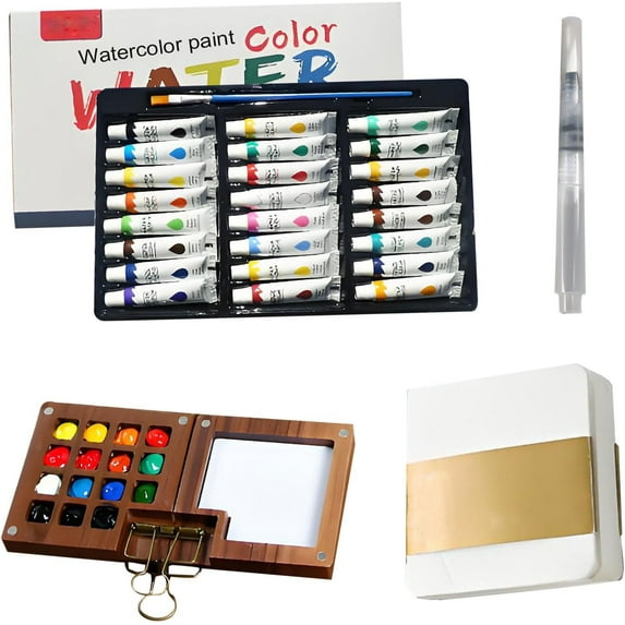 Horivan Mini Watercolor Painting Portable Travel Kit with Wooden Palette Water Brush Pens for Artists Adults Outdoor Sketching Art Supplies