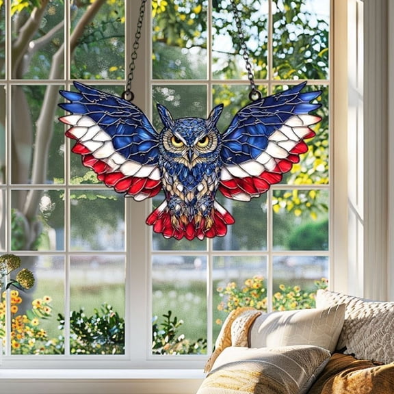 Horivan Patriotic Owl Sun Catcher Window Decoration, Red White Blue Acrylic Pendant for Home Garden Outdoor Indoor Decor, Colorful Light Catcher Gift