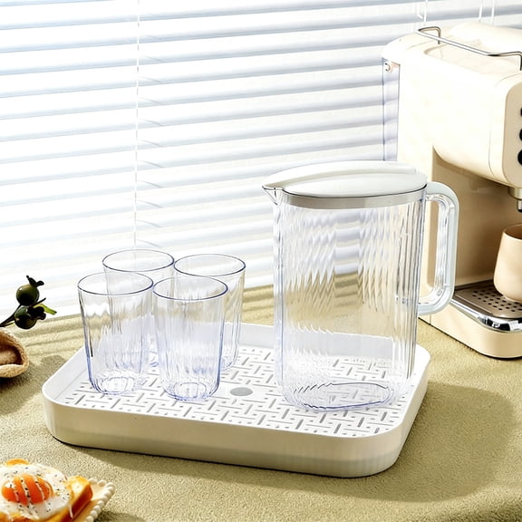 Horivan Plastic Teapot and Fruit Tea 34oz Clear Pitcher with Tray and Cups, BPA-Free Iced Beverage Dispenser for Home Kitchen, Party and Outdoor Use, Leak-Proof Drinking Utensils