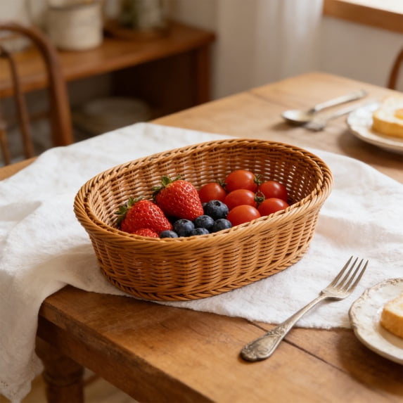 Horivan Plastic Woven Storage Basket with Imitation Vines Durable Multipurpose Fruit Vegetable Snack Organizer Tray for Kitchen Pantry Home Decor Eco-Friendly Decorative Basket