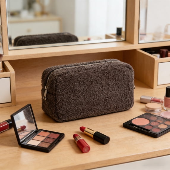 Horivan Solid Color Storage Bag Organizer, Portable Lint-Resistant Pouch for Travel, Makeup, and Toiletries, Durable Teddy Fleece Fabric, Compact Cosmetic Case for Women and Men