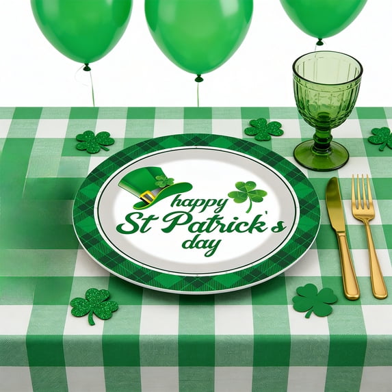 Horivan St Patricks Day Party Supplies Disposable Plates Cutlery 10 Inch Shamrock Themed Paper Plates Cups Napkins Tablecloth for Holiday Decorations Spring Celebration Dinner