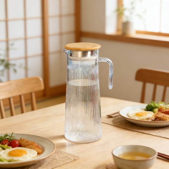 Horivan Striped Acrylic Pitcher with Wood Lid Transparent Cold Water Kettle for Iced Tea Juices Herbal Infusions Kitchen Dining Serving