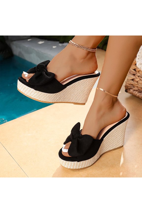 Women's Fashion Wedge Heel Mules Slip On Shoes with Bow Detail Comfortable Casual Summer Outdoor Walking Beach Vacation Stylish Footwear