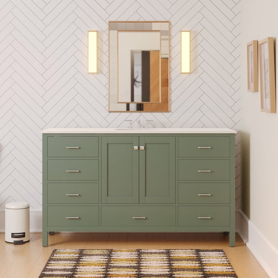 Horizon 60" Single Bathroom Vanity with Sage Green Cabinet and Engineered White Top