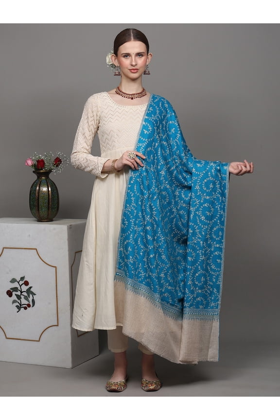 Horizon Blue Jaldaar Sozni Pashmina Shawl - Stripe Border Design
