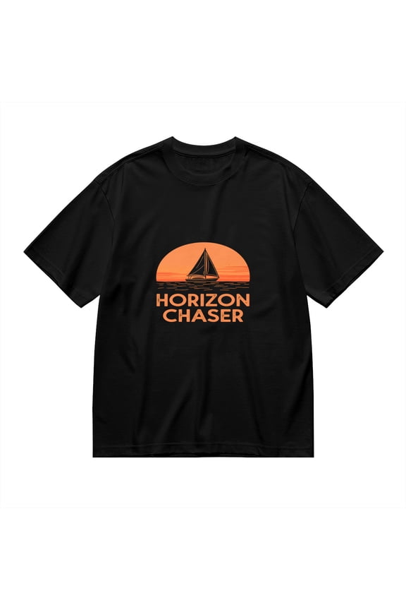 Horizon Chaser, Black Sailboat Print, Vintage T Shirt, Cotton T-Shirt for Men, 23611281,S