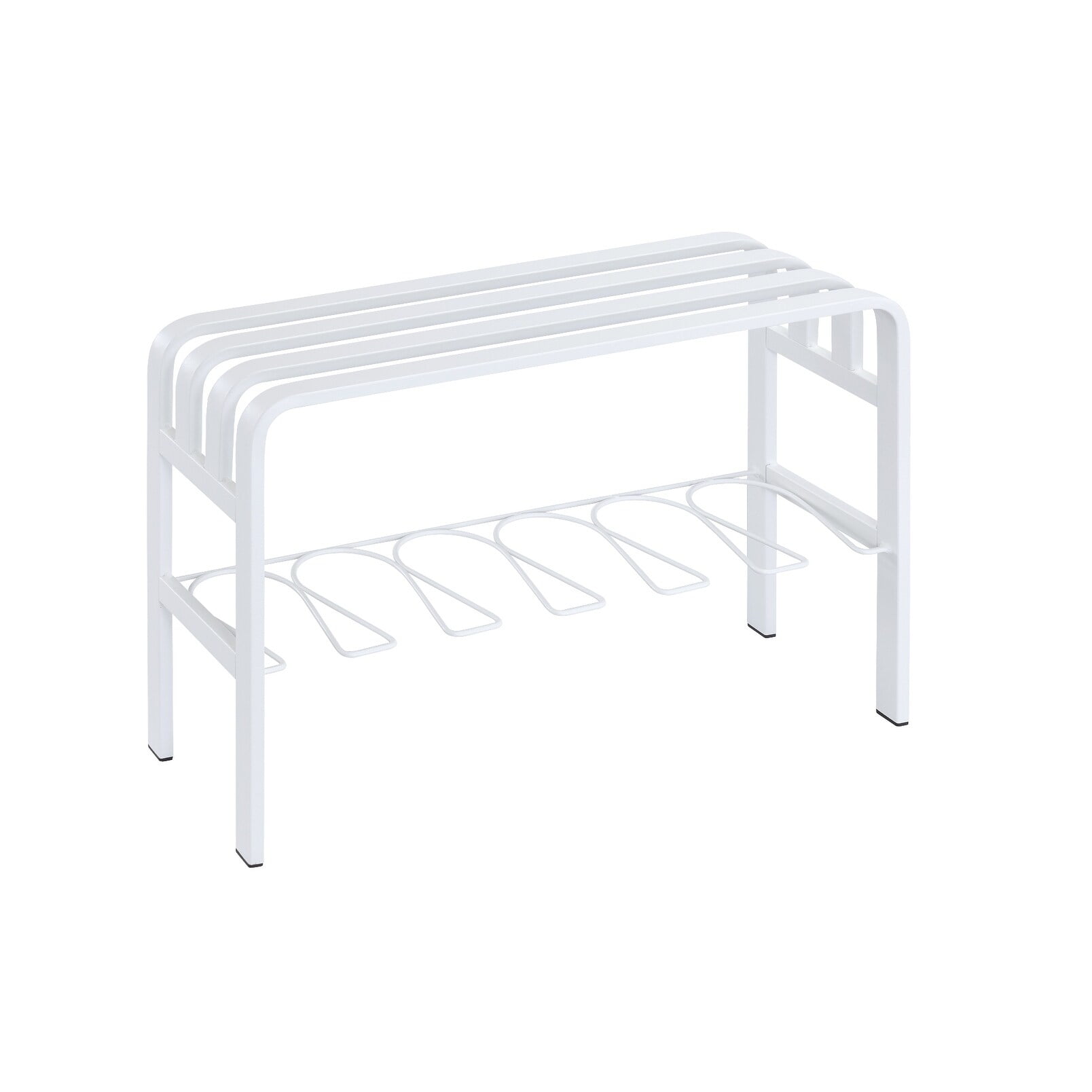 White Metal Entryway Shoe Storage Bench with Curved Wire Frame