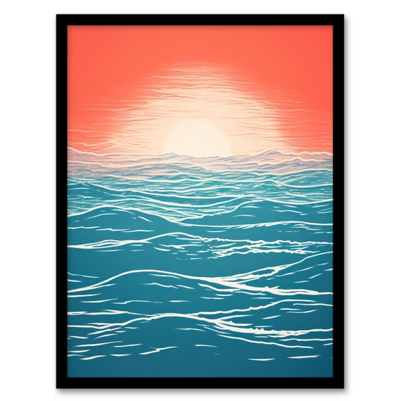 Horizon Hour Abstract Sunset Orange Teal Artwork Framed Wall Art Print A4
