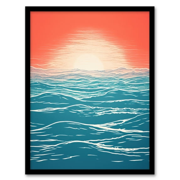 Horizon Hour Abstract Sunset Orange Teal Artwork Framed Wall Art Print A4