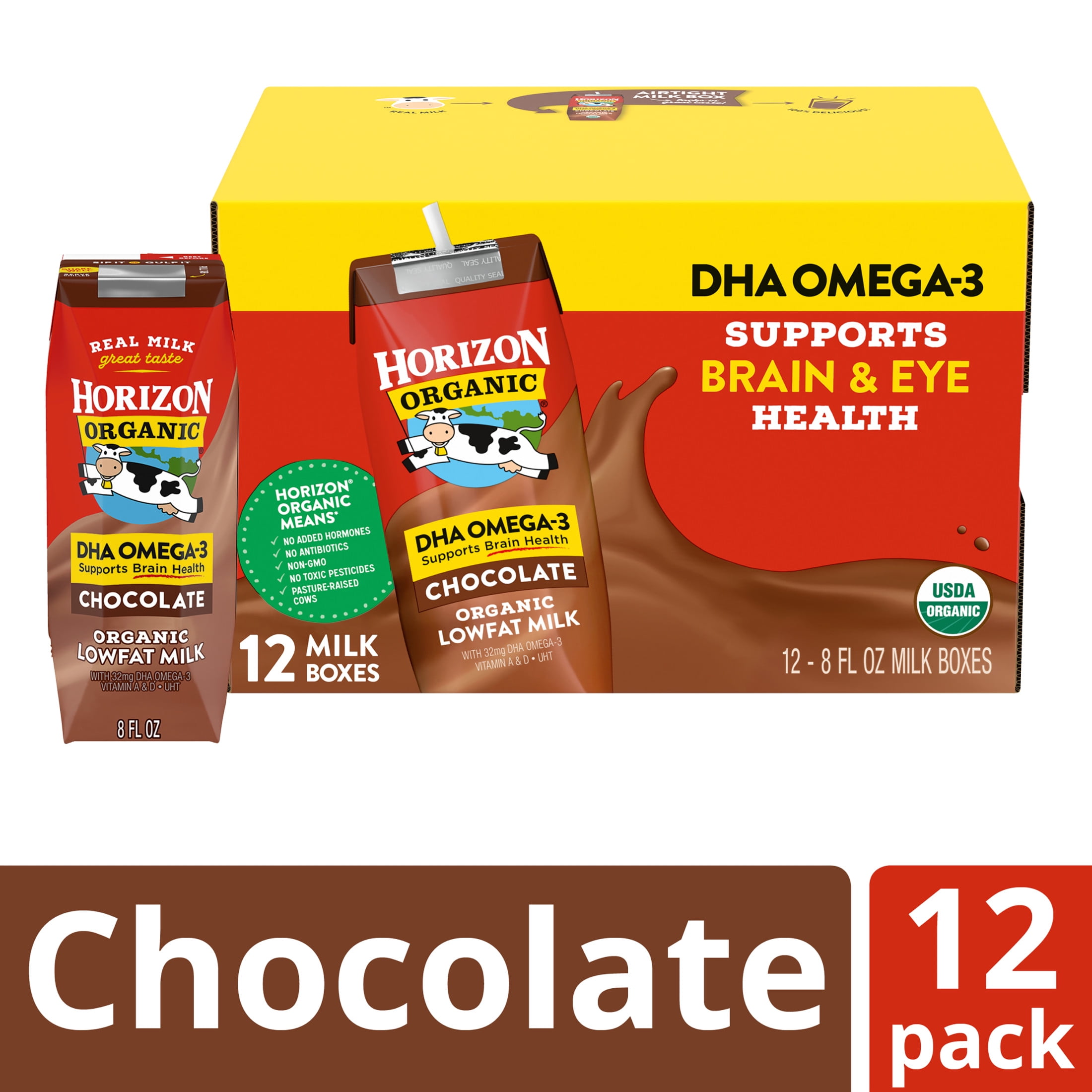 Horizon Organic Shelf Stable 1% Lowfat DHA Omega-3 Chocolate Milk Boxes, 8 fl oz, 12 Count