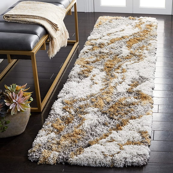 Horizon Shag Collection Runner Rug - 2' x 8', Grey & Gold, Modern Abstract Design, Non-Shedding & Easy Care, 2.6-inch Thick Ideal for High Traffic Areas in Living Room, Bedroom (HZN890D)