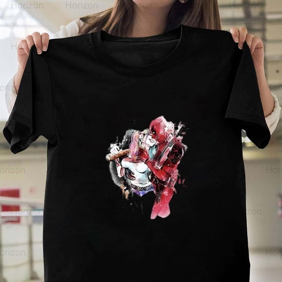 Horizon261 Deadpool Harley Quinn Kiss Unique Drawing, Crossover Art T-Shirt, for Unisex, up to size 5XL.