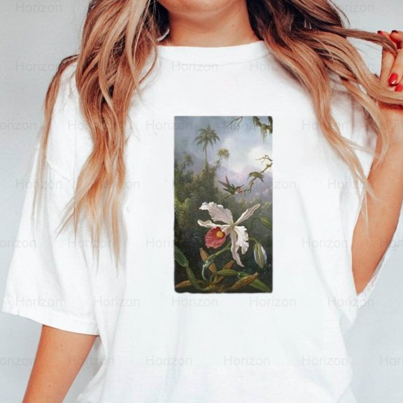 Horizon261 Two Hummingbirds, White Orchid Martin Johnson Heade, Art T-Shirt, for Unisex, up to size 5XL.