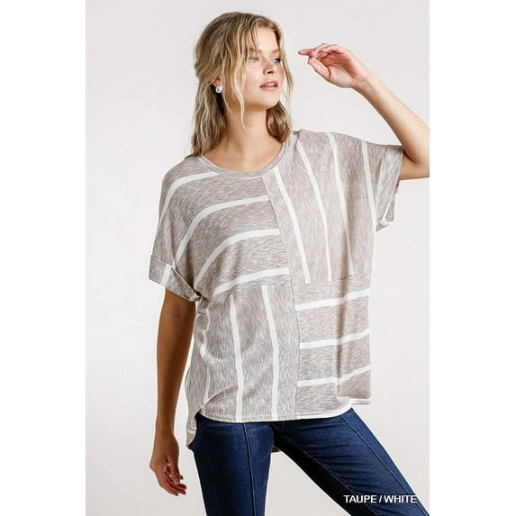 Horizontal And Vertical Striped Short Folded Sleeve Top With High Low Hem S