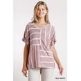 thumbnail image 1 of Horizontal And Vertical Striped Short Folded Sleeve Top With High Low Hem, 1 of 5