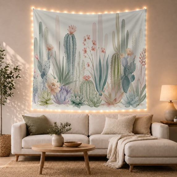 Horizontal Arrangement Desert with Flora Soft Illustrative, Nostalgic Vintage for Botanical Art Lovers, Wall Decor, Halloween Gift, Tapestry Wall Hanging for Dorm and Living Room