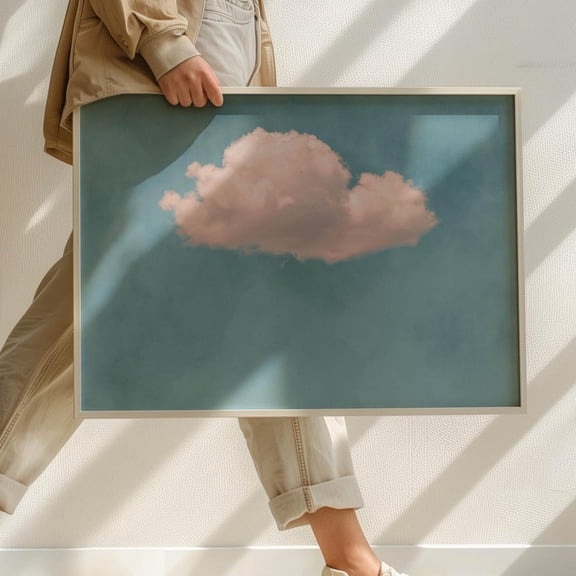 Horizontal Blue Pink Cloud Wall Art Print, Pastel Minimalist Spring Sky, Above Bed, Seasonal Living Room And Home Decor