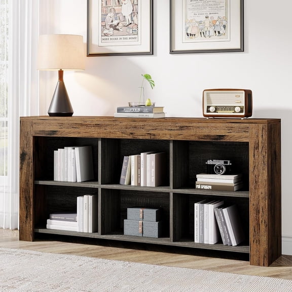 Horizontal Bookcase, Industrial 6 Cubes Storage Organizer Long Bookshelf, Rustic Wood Low Bookshelf Wide Cubby Bookcase for Home Office, Living Room