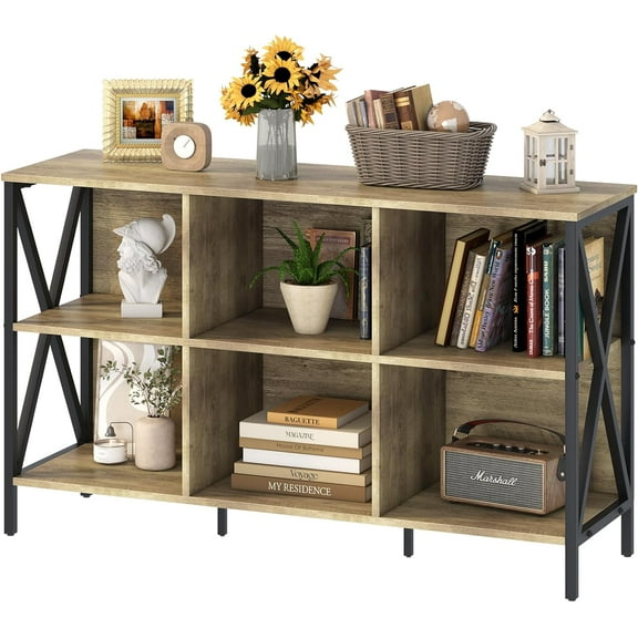 Horizontal Bookshelf Bookcase,6 Cube Storage Organizer with Open Shelf,47 Inch Industrial Low Wide Wood and Metal Cubby shelf,Long shelving unit for Home Office Living Room(Rustic Oak,6 Cube)