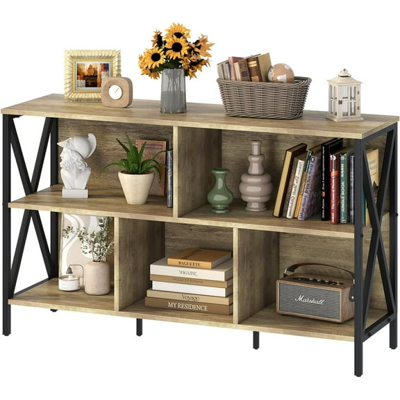 Horizontal Bookshelf,Industrial Modern 5 Cube Low Wide Cubby Bookcase,Long Wood and Metal Storage Organizer Open Shelf, Short Book Shelf Bedroom Storage for Home Office Living Room(Rustic Oak,5 Cube)