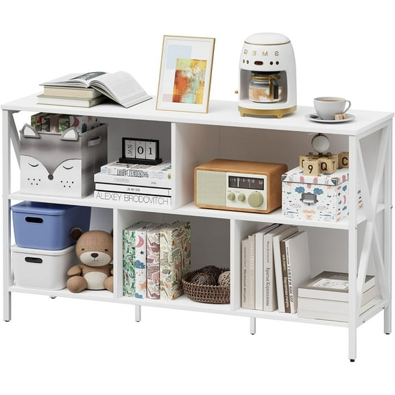 Horizontal Bookshelf,Industrial Modern 5 Cube Low Wide Cubby Bookcase,Long Wood and Metal Storage Organizer Open Shelf, Short Book Shelf Bedroom Storage for Home Office Living Room(White,5 Cube)