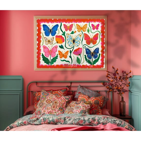 Horizontal Butterfly Wall Art Print, Yellow And Pink Floral, Whimsical ...