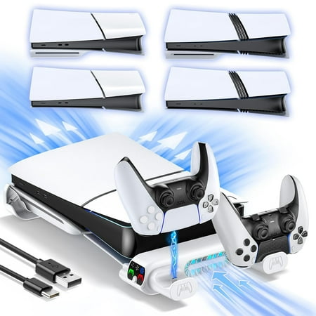 Horizontal Cooling Stand Replacement for PS Slim/Pro Disc & Digital Console, Dual Controller Charger with 3-Level Cooling Fan-White