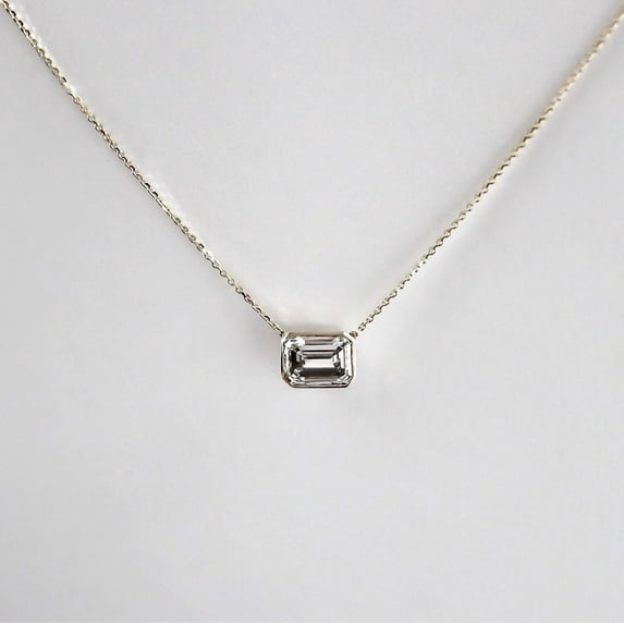 Horizontal Emerald Cut Moissanite Necklace – Bezel Set Solitaire Pendant in Sterling Silver – Minimalist Birthday Gift for Her