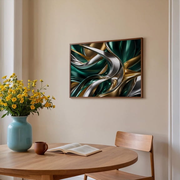Horizontal Emerald Green Gold Abstract Poster, Luxury Fluid Liquid, Metallic Chrome Swirl Landscape, Modern Living Room And Office Decor