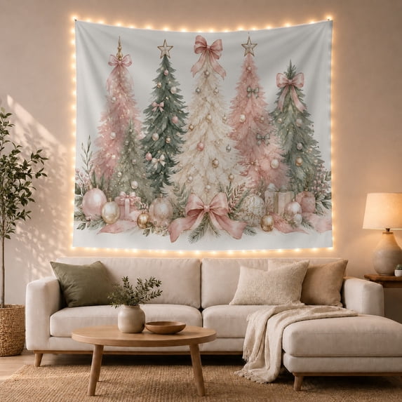 Horizontal Lineup Five With Stylized Trees Solid Pale, Mystical Fantasy for Space Lovers, Galaxy Room Decor, Christmas Gift, Tapestry Wall Hanging for Bedroom and Dorm