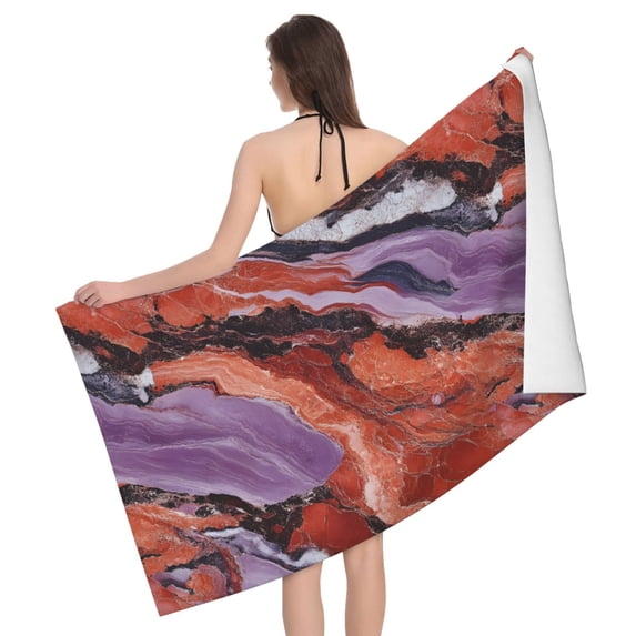 Horizontal Microfiber Absorbent Bath Towel 52×32in Household Blanket For Quick Drying Beach School Outdoor Travel Travel Mediumvioletred Marble_3