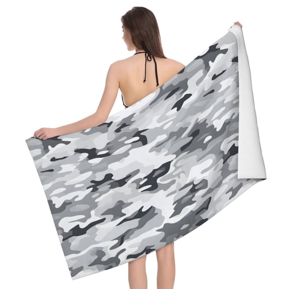 Horizontal Microfiber Absorbent Bath Towel 52×32in Household Blanket For Quick Drying Beach School Outdoor Travel Travel Vector Camouflage Pattern Gray_3