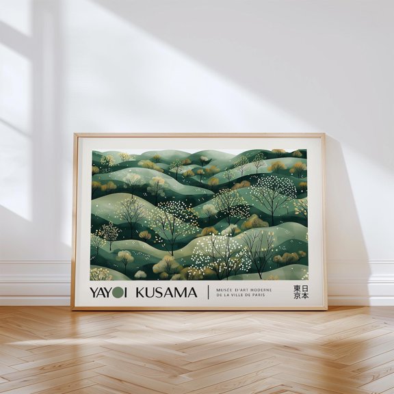 Horizontal Nature Wall Art For Bedroom Yayoi Kusama Inspired Print For Living Room Or Study Decor Serene Forest Hills Green Poster Wall Art, Modern Wall Decor, 24x36 UNFRAMED
