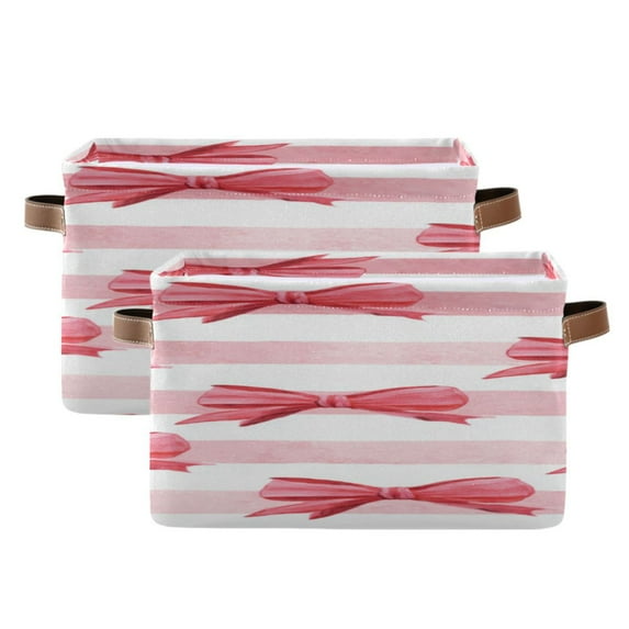 Horizontal Pink Stripes Bows Watercolor Square Storage Bins with Handles Collapsible Containing Box 2 Packs