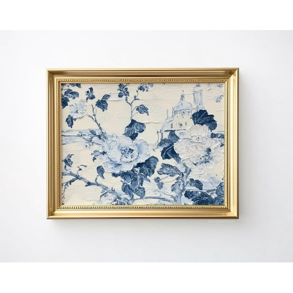 Horizontal Prints Vintage Wall Decor Art Prints Floral Blue And White Retro Art Above Bed, Unframed Paper Print Size 8x12