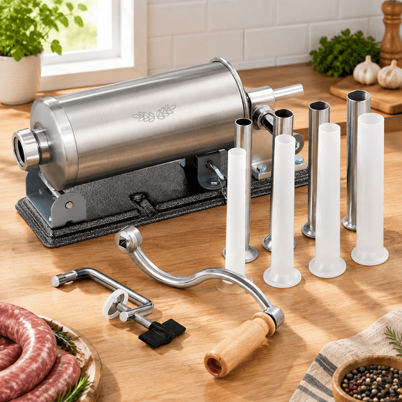 Horizontal Sausage Stuffing Kit, 2.5lb Capacity, Stainless Steel with 8 Stuffing Tubes
