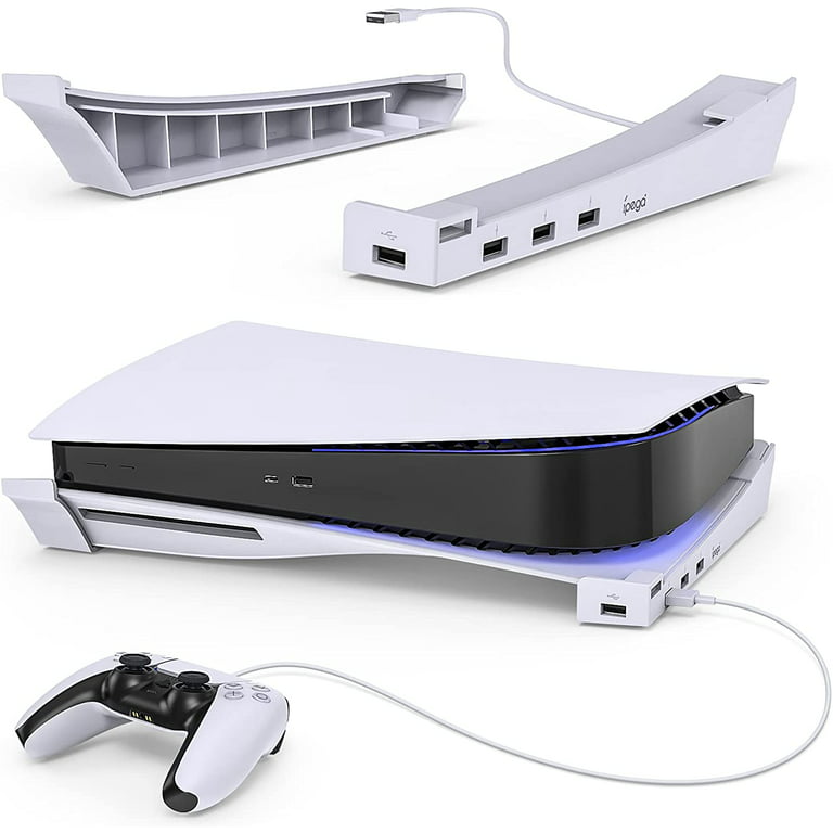 Horizontal Stand for PS5 Console with 4-Port USB Hub,MENEEA Upgraded Base  Skate Holder Accessories for PS 5 Disc & Digital Edition,3 Charging Port  Extension &1 USB 2.0 Data Port-White 