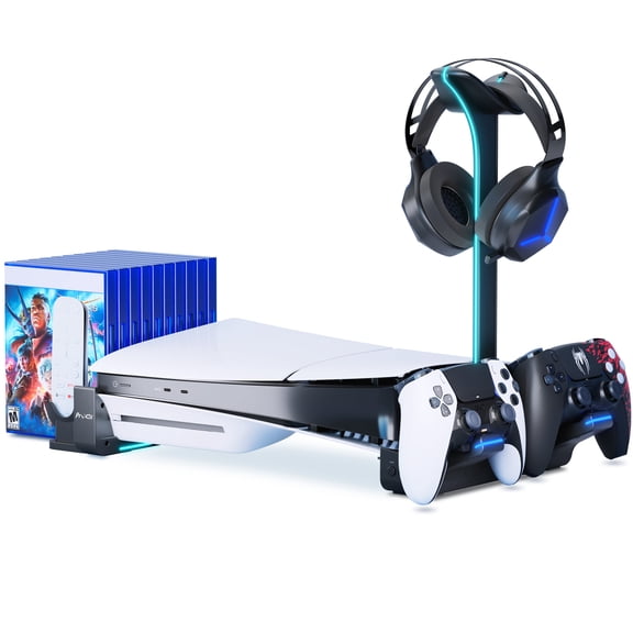 Horizontal Stand for PS5 Slim Disc & Digital Console, Playstation 5 Slim Stand with Dual Controller Charger and 7 RGB Light, PS5 Slim Accessories for PS5 Slim Console (NOT Fit PS5), Black