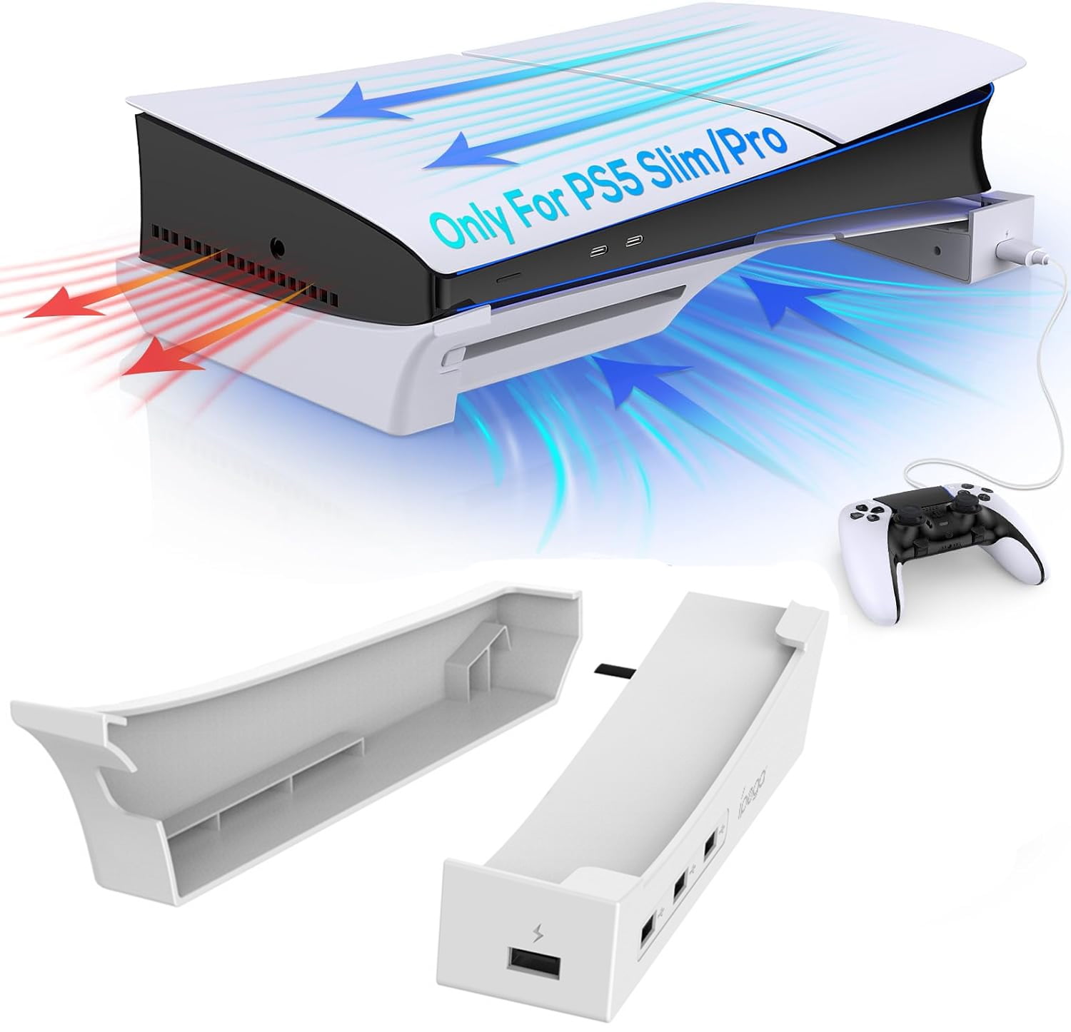 Horizontal Stand for PS5 Slim/Pro with 4 USB Ports, Stable Base