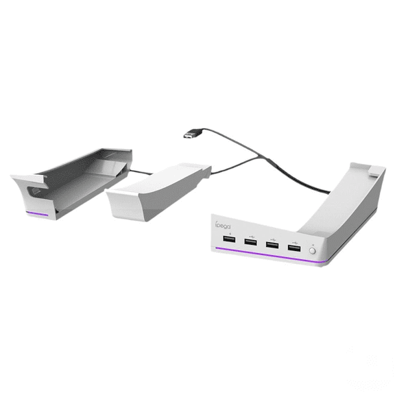 Horizontal Stand for PS5 Pro Digital & Disc Consoles, with 14 RGB Lighting Modes, 4 USB Ports Storage Base-White