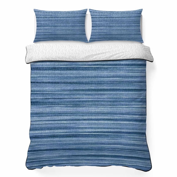 Horizontal Stripe 3 Piece Quilt Bedding Set with 2 Pillow Shams, Vintage Minimalist Denim Blue Textured Lightweight Bedspread Coverlet, Soft Breathable All Season Quilt, 96 x 106 Inch