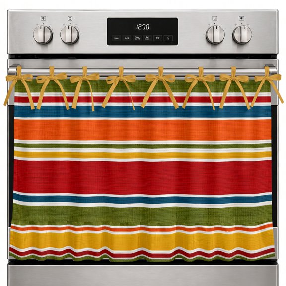 Horizontal Stripe Oven Skirt Curtain, 27x20 Inch Vintage Minimalist Green Red Linen Texture Kitchen Tie Top Oven Curtain for Door, Decorative Stove Skirt Dishwasher Cover With Ribbon Ties