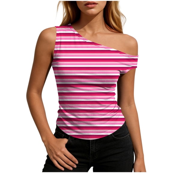 Horizontal Stripe Print Women's Slim Fit One Shoulder Tank Top 2026 Spring Summer Stylish Sleeveless Off Shoulder Casual Cami Shirt