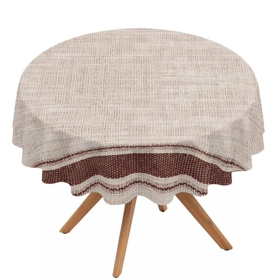 Horizontal Stripe Round Tablecloth 54 inches Rustic Brown Parallel Lines Beige Linen Texture Waterproof Oil-Proof Table Cloth Round Table Cover for Holiday Party Picnic Dinner Decor
