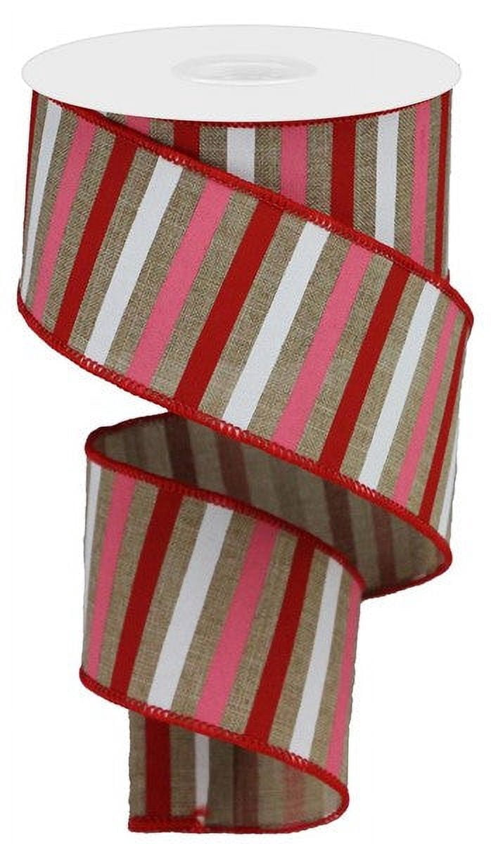 Horizontal Stripe Wired Edge Ribbon - 10 Yards (Light Beige, Red, Pink ...