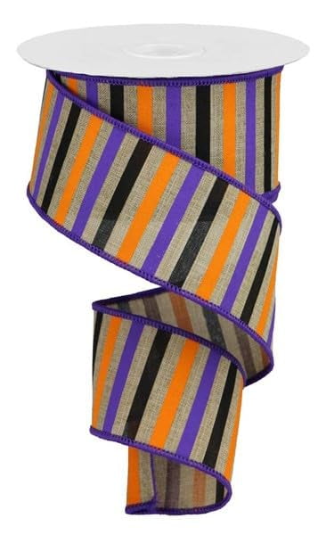 Horizontal Stripe Wired Ribbon - Beige, Orange, Purple and Black - 2.5 Inches x 100 Feet - Halloween