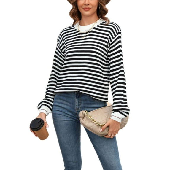 Horizontal Striped Knitted Round Collar Sweater Long Sleeve for Women Black Large